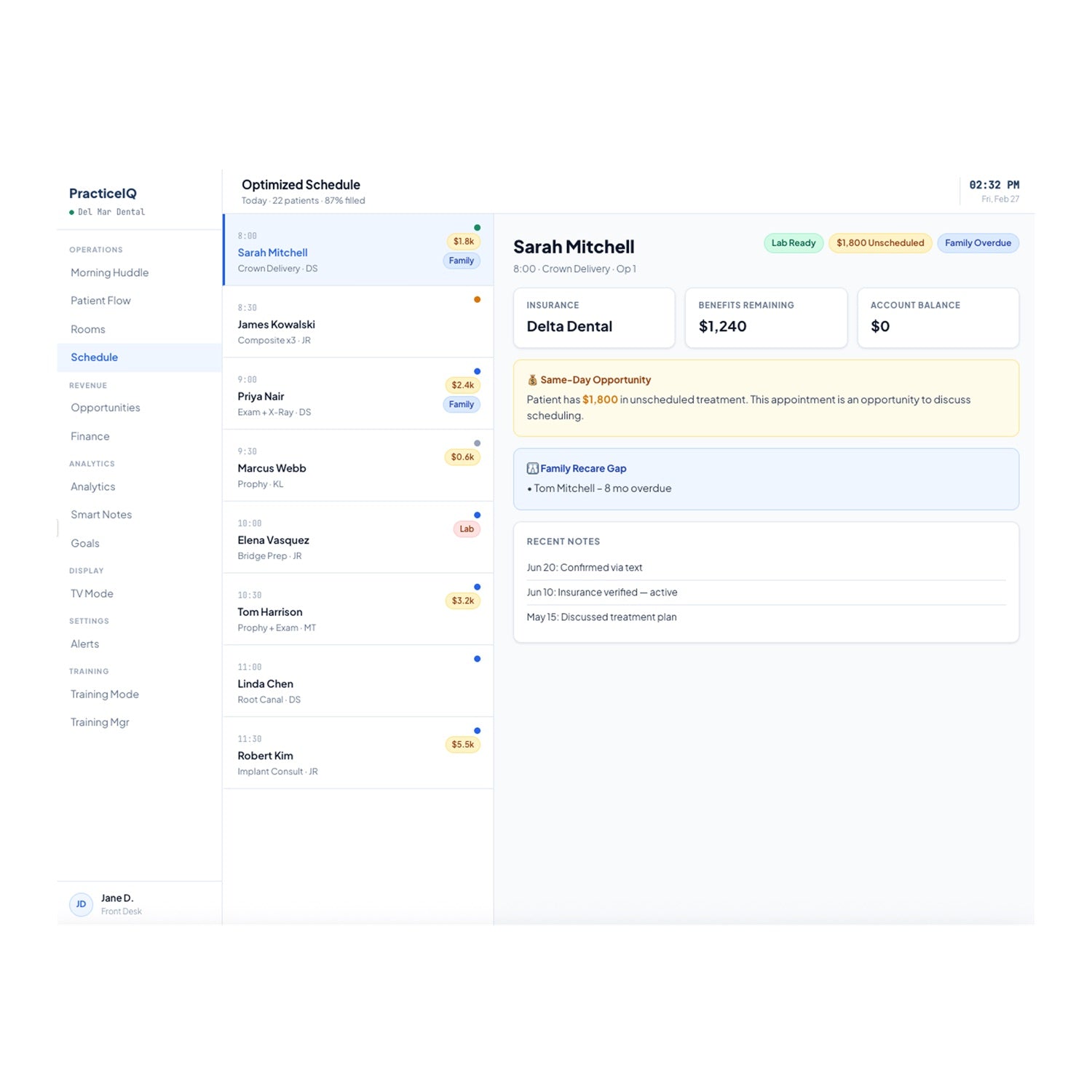 Schedule screen with a patient card: insurance, unscheduled treatment, family recare